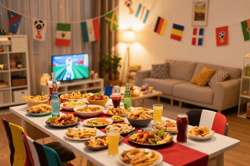 世界杯观赛派对餐桌,摆满世界各地风味小吃和饮品