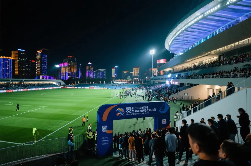 夜幕下的现代足球场与观众席,体现多时区赛事氛围